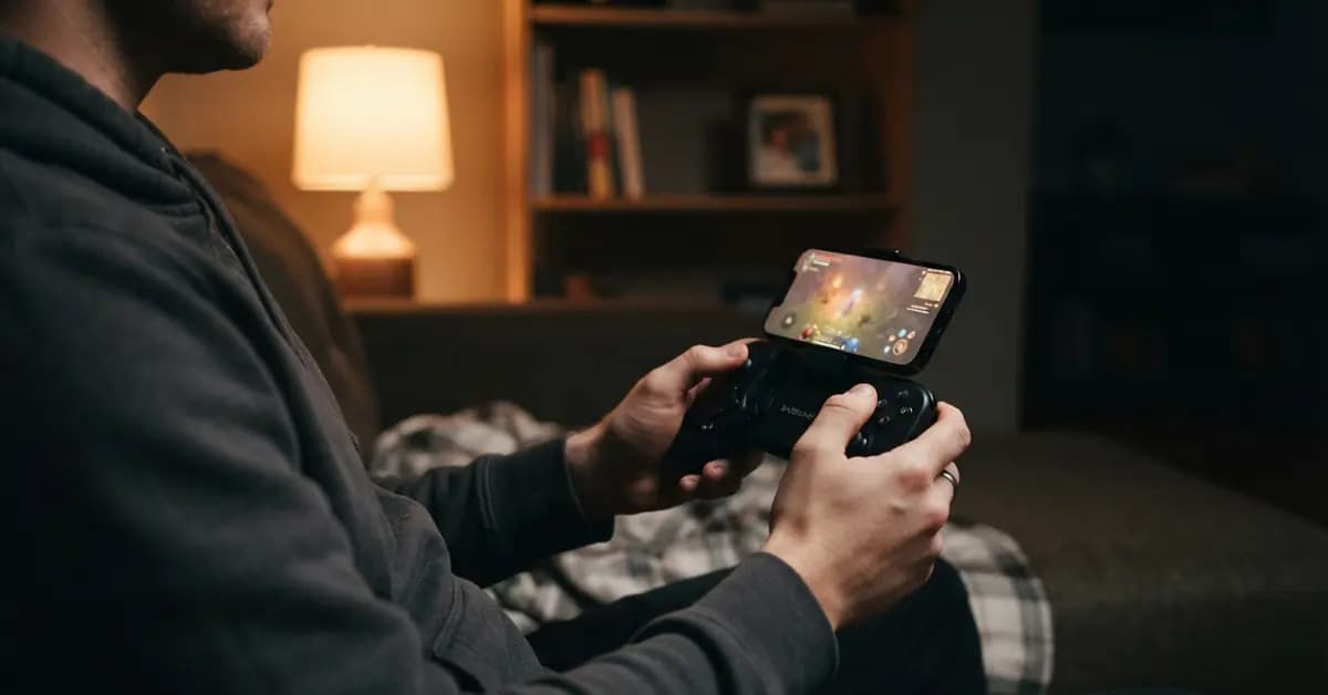 iPhone game controllers attached to a mobile device on a desk