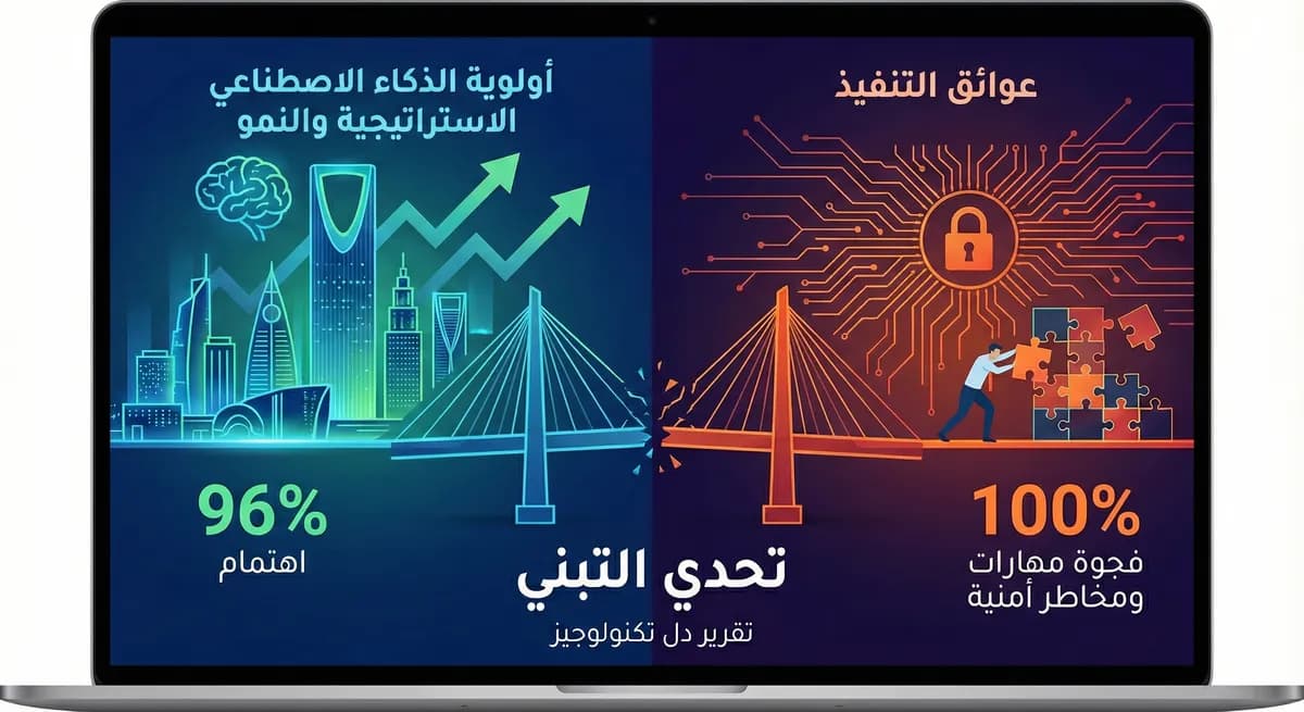 رسم بياني من تقرير دل تكنولوجيز يوضح إحصائيات تحديات تبني الذكاء الاصطناعي في السعودية ونسبة 96% للاهتمام الاستراتيجي