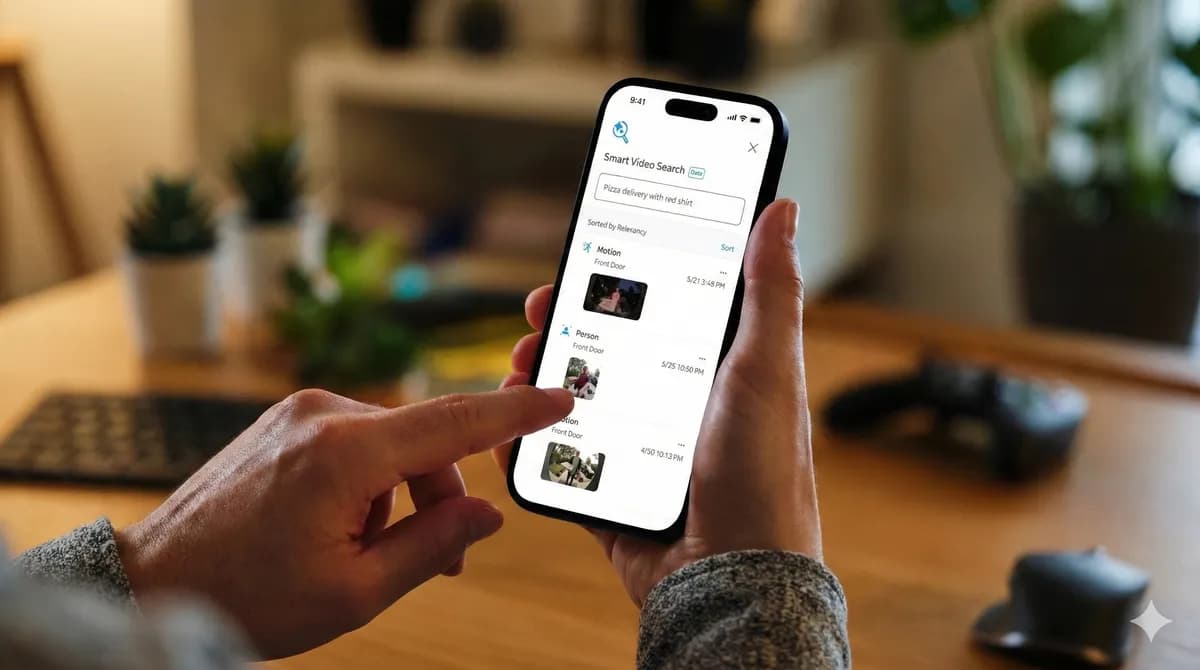 A person holding a smartphone displaying the Smart Video Search Beta interface, showing a search query for 'Pizza delivery with red shirt' with corresponding video clip results from a front door security camera.