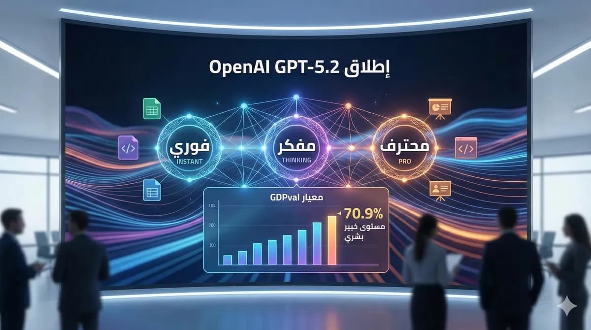 شاشة عرض رقمية متطورة تُظهر إطلاق OpenAI GPT-5.2 مع واجهة تعرض النماذج الثلاثة (فوري، مفكر، محترف) ورسوم بيانية توضح التفوق في معيار GDPval بنسبة 70.9%.