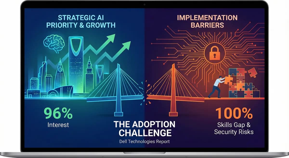 Chart displaying Dell Technologies survey results on Saudi AI adoption challenges, highlighting a 100% skills gap and 96% strategic interest.