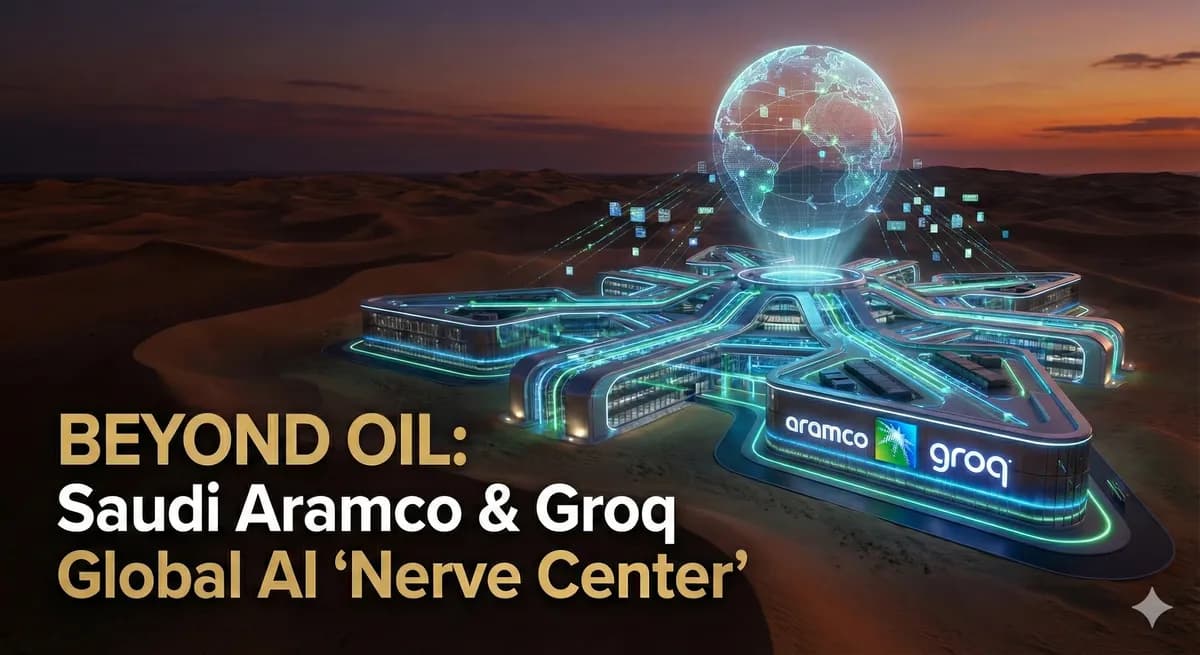 A futuristic data center complex shaped like a network hub glows in the Saudi desert at twilight, with data streams connecting to a holographic globe above it. The Saudi Aramco and Groq logos are visible on the structure. Text overlay reads: 'BEYOND OIL: Saudi Aramco & Groq Global AI 'Nerve Center''
