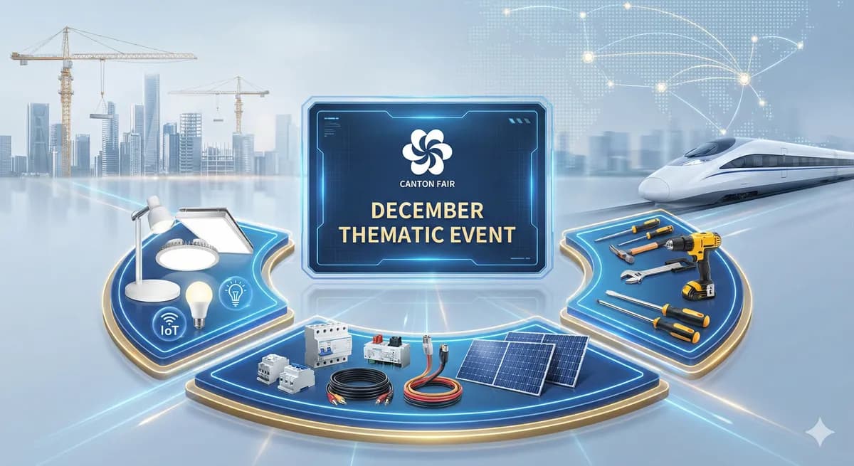 A promotional illustration for the Canton Fair's December Thematic Event, visually highlighting three main product sectors: smart lighting solutions, electrical and new energy components like solar panels, and industrial hardware and tools, set against a backdrop of global trade infrastructure.